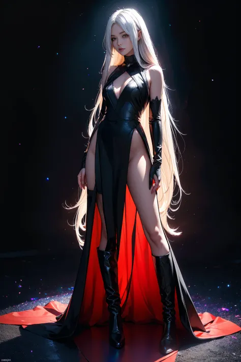 Girl with long white hair down to her waist, with small red details, red eyes, long black dress with a leg slit, with red details, long black boots up to below the knees, white skin, the ground around her is cracking and small stones are floating around he...