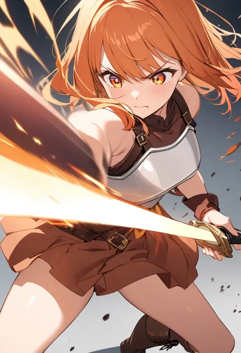 a girl with orange medium hair, holding a sword in her right hand, wearing a white breastplate, a brown mini skirt, and boots of clove dye color, with orange mild eyes, attempting to slash
