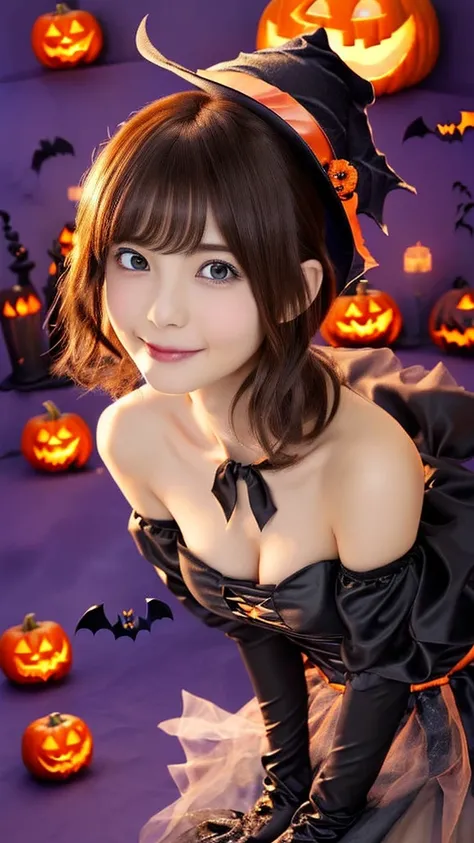 ((from below,upper body),a 25 years old girl, detailed cutie face, beautiful detailed eyes, detailed dropped eyes, beautiful charming smile, extremely detailed face,slender body,short hair,anime style, (halloween costume):2.0), Highres fix,colorful lights,...