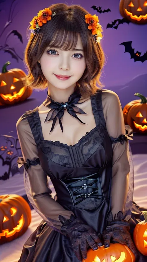 ((from below,upper body),a 25 years old girl, detailed cutie face, beautiful detailed eyes, detailed dropped eyes, beautiful charming smile, extremely detailed face,slender body,short hair,anime style, (halloween costume):2.0), Highres fix,colorful lights,...