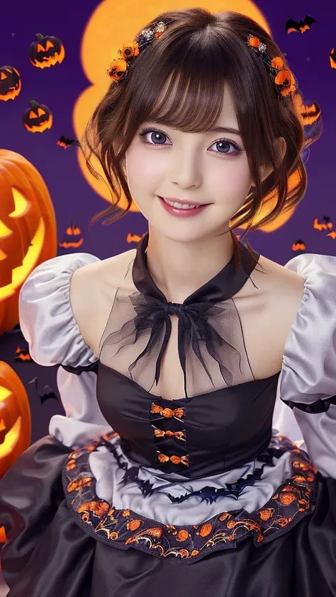 ((from below,upper body),a 25 years old girl, detailed cutie face, beautiful detailed eyes, detailed dropped eyes, beautiful charming smile, extremely detailed face,slender body,short hair,anime style, (halloween costume):2.0), Highres fix,colorful lights,...