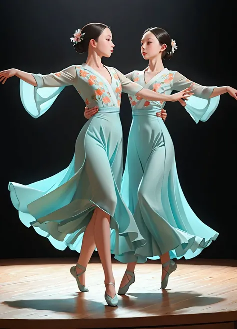 ((Inspired by Neil Welliver))，A pair of beautiful and graceful twin dancers，Wear flowing outfits in soft pastels，Performing gracefully on stage，Dramatic studio lighting，Vibrant colors，Dynamic posture，Soft background blur，High-quality 3D rendering，masterpie...