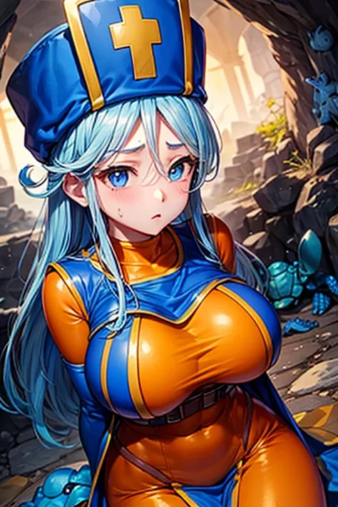 masterpiece, Highest quality,  Unreal Engine,  Super Resolution,  Very detailed, 

Beautiful woman, Dragon Quest Female Monk, long sky blue hair, Blue priest hat, Orange bodysuit, (((Blue Turtle:1.5))), Elbow-length gloves, Vivid expression, Healthy Body, ...