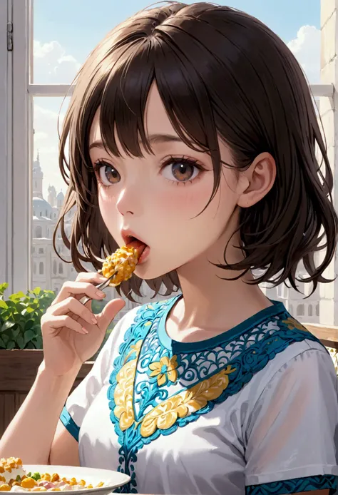 1girl, solo, eating, food_in_mouth, shirt, upper_body