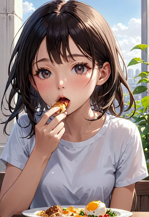 1girl, solo, eating, food_in_mouth, shirt, upper_body