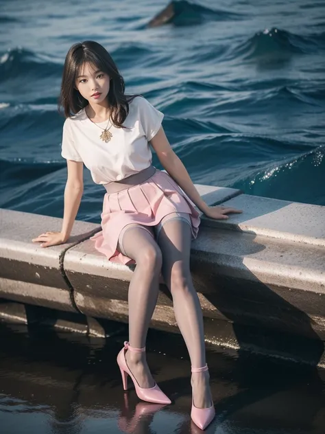 (full body:1.5)，(1girl:1.3),(view the viewer:1.4)，(anatomy correct:1.3),(Sitting on the sea:1.2),(A pink and blue Elastic skirt :1.2),( DimGray Pantyhose:1.3),( girl pointed thick heels :1.1)，(Accurate and perfect face:1.3),hyper HD, Ray traching, reflecti...