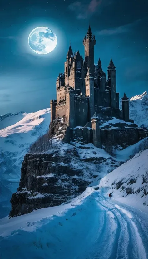 "the ancient ice castle  massive 700 feet high. the castle is decrepit, with crumbling black stone towers against a snowy landsc...