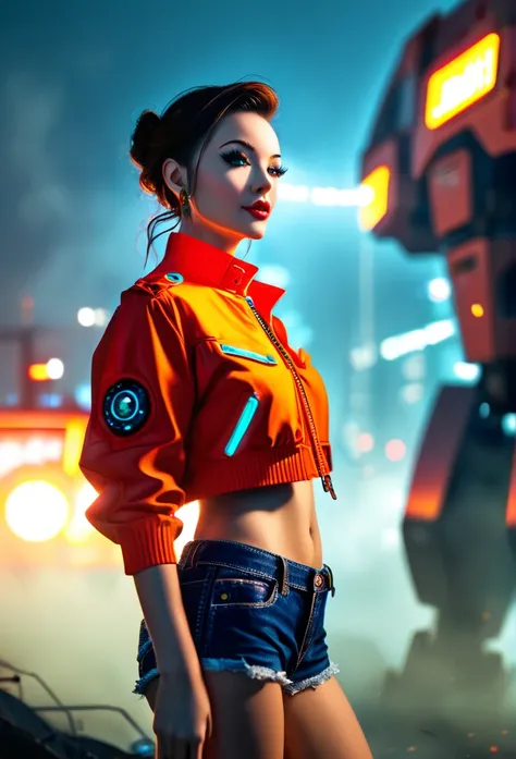 a cyberpunk anime girl in a short jacket and shorts standing next to a giant robot, highly detailed, intricate cyberpunk outfit, futuristic mecha armor, beautiful detailed eyes, beautiful detailed lips, extremely detailed face, long eyelashes, cinematic li...