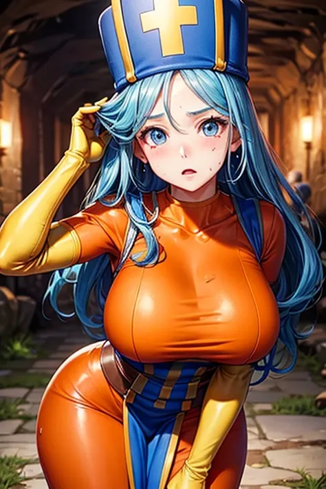 masterpiece, Highest quality,  Unreal Engine,  Super Resolution,  Very detailed, 

Beautiful woman, Dragon Quest Female Monk, long sky blue hair, Blue priest hat, Orange bodysuit, mitre, tabard, elbow gloves, Vivid expression, Healthy Body, Beautifully det...