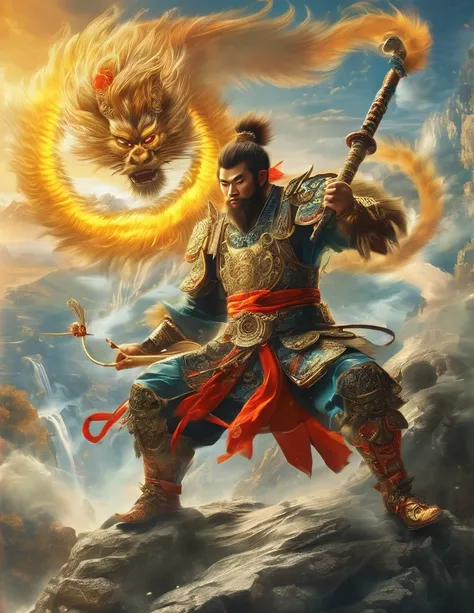 Create an ultra-detailed, dynamic scene featuring Sun Wukong, also known as The Monkey King, from Chinese mythology. Depict Sun Wukong in his full glory, wearing traditional Chinese armor adorned with intricate patterns and bright colors. He should be wiel...