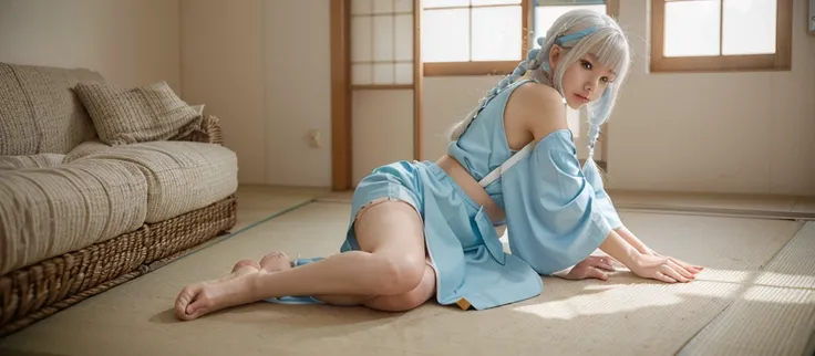 1 japanese girl, orange sleeves, white hair, white skin, light blue hair ornament, blue suspenders, blue clothes, light blue eyes, bare feet, double braids