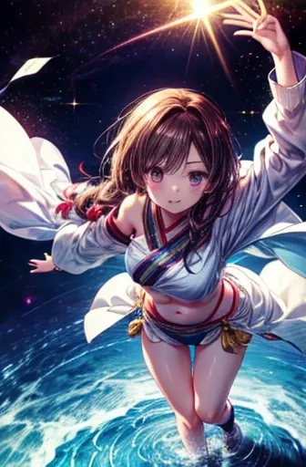 masterpiece, anime, cute, romantic, Highest quality, One Woman,Blue Arabian Dancer Costume,Gold thread accessories,Thin feather robe,Belly out,Shoulder Bare,sexy,Dancing on the water with arms outstretched, Beautiful legs,Strong winds,smile, universe space...