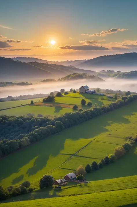 Farm landscape the birds sing the sun rising