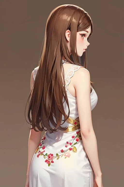 woman　Back view　Brown Hair　straight　cute　tall　Illustration
