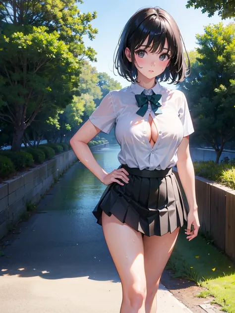 (Highest quality, masterpiece, Ultra-high resolution, (Photorealistic:1.4), RAW Photos),One girl,chool uniform,(wet:1.1), short sleeve,skirt lift,show off hip,no panties,no bra,(Very short black hair, Amazingly cute face, Very beautiful big black eyes)), V...