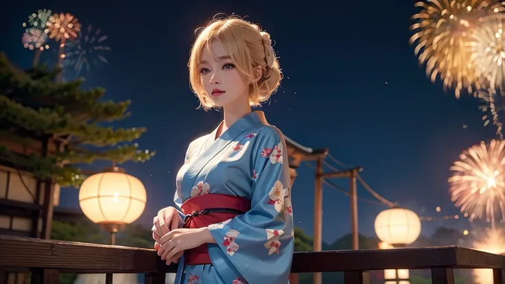 8k,Beautiful single woman，blonde，Shortcuts，Perm,Blue Eyes，Summer Nights in Japan，Fantastic fireworks，Traditional Japan yukata