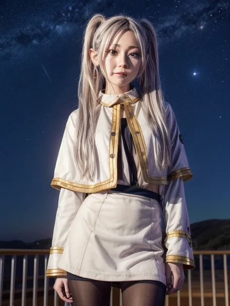 One girl,alone,Fairy,Gray Hair, Grey Hair, Earrings, Pointed Ears, Long Hair, ponytail, Green Eyes, Twin tails, Parted bangs, Thick eyebrows,
Capelet with collar, White capelet, Striped shirt, Long sleeve,Striped, White Skirt,
pantyhose,
Night Sky, perform...