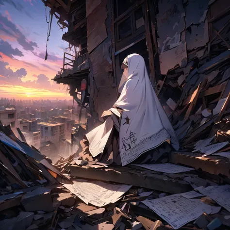 White nun searching through rubble, dawn sky, detailed background, detailed writing, 4k, UHD, absurd, ultra quality, masterpiece,