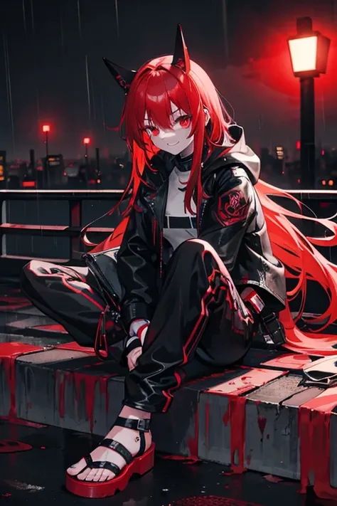 Cute redhead psycho teen girl, long hair, red eyes, headphones, big smile, excited, happy, leather hooded jacket, flat track long pants, mask, stained with blood, sandals, visible feet, soaked clothes, outdoors, midnight, fog, rain, dark ambience, rooftop,...