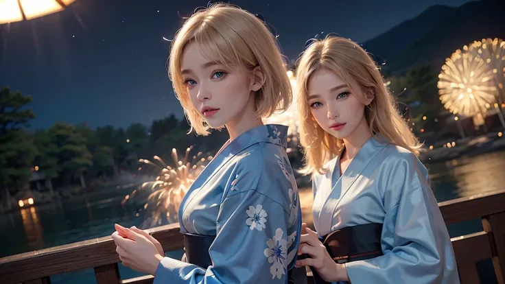 8k,Beautiful single woman，blonde，Shortcuts，Perm,Blue Eyes，Summer Nights in Japan，Fantastic fireworks，Traditional Japan yukata，The theme color is blue