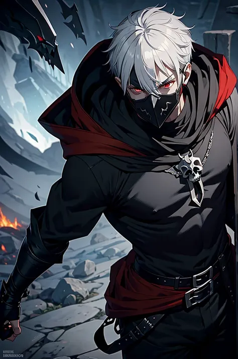 An assassin, male, fantasy character, physically strong, wearing a skull mask covering his face and eyes, dressed in black medieval attire, with a white hooded cloak over it, gray hair, short hair, red eyes, holding a dagger, nighttime background.