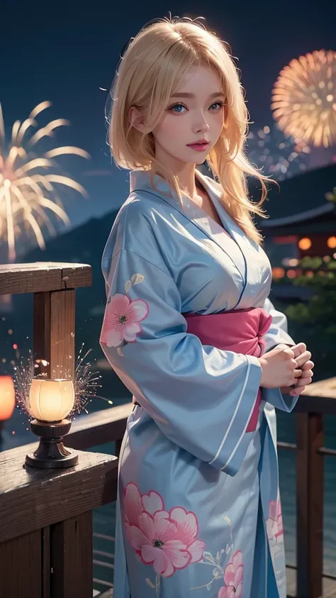 8k,Beautiful single woman，blonde，Shortcuts，Perm,Blue Eyes，Summer Nights in Japan，Fantastic fireworks，Traditional Japan yukata，The theme colors are blue and pink.