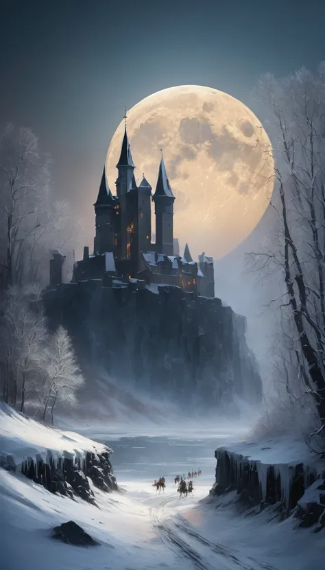 """"An ancient huge castle made of stone and ice 700 feet high, dilapidated, with crumbling towers of black stone against the background of a giant ice wall to the sky. The full moon illuminates the stage, casting long shadows. winter landscape, fog