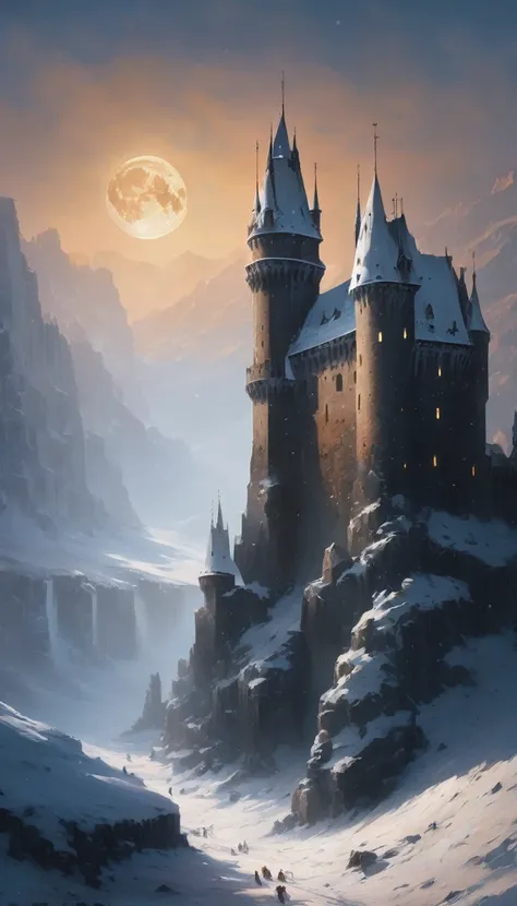 """"An ancient huge castle made of stone and ice 700 feet high, dilapidated, with crumbling towers of black stone against the background of a giant ice wall to the sky. The full moon illuminates the stage, casting long shadows. winter landscape, fog