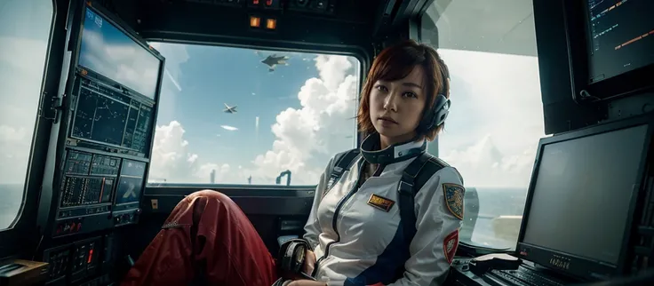 Absurd resolution, high resolution, (masterpiece: 1.4), hyper-detail, 1 japanese young woman, short red hair, pilot suit, rich princess, sitting in an extremely narrow and closed mecha control room looking out the window, the window is the space universe c...