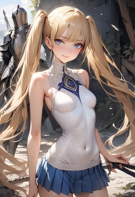 ((masterpiece,Highest quality:1.3,best quality illustration)),realistic,cowboy shot,1woman,female knight、(20 year old beauty),((very small head:1.4)),((ideal ratio body proportions:1.3)),blonde hair,twin tails,straight long hair,bangs,gorgeous eyes,Blue ey...