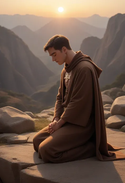 Jedi with their brown cloak, kneeling on rocky ground. Hes got his hands clasped together, eyes closed and face turned to the sky. The soft light of the sun illuminates your face, and his expression is one of devotion and hope. Ao fundo, we see the figure ...