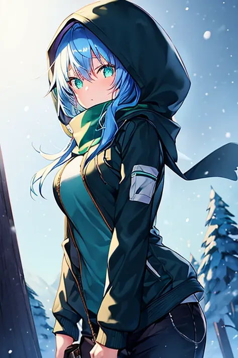 1girl, blue hair, medium hair, large breasts, breasts, green eyes, scarf, covered mouth, jacket, forest, snow, black jacket, hoddie, hooded jacket, hood on, hood up, zipper, gloves, glowing hair, glowing eyes, light blue hair, sky blue hair, night sky, sky...