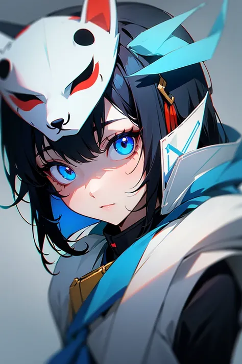 Girl with black hair, light blue eyes, fox mask on head, uniform