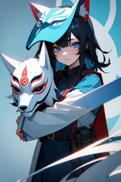 Girl with black hair, light blue eyes, fox mask on head, uniform