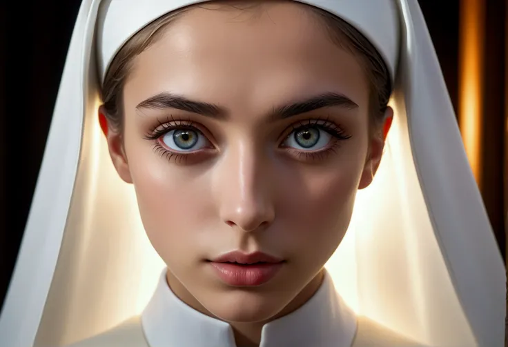 A beautiful young nun, beautiful detailed eyes, beautiful detailed lips, extremely detailed eyes and face, long eyelashes, close-up portrait, young handsome man, strong lighting, dramatic contrast, cinematic, photorealistic, 8k, high quality, (best quality...