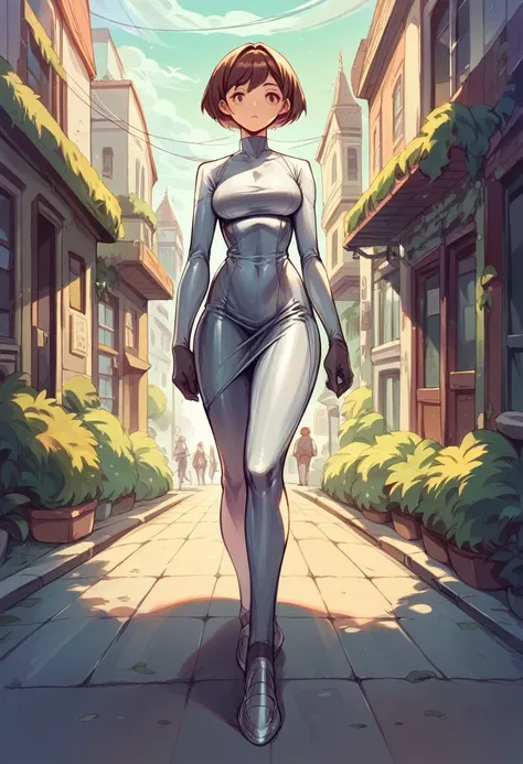 araffed woman in a shiny Bodysuits walking down the street, an album cover by Niko Henrichon, tumbler, Renaissance, Tight clothing, very Sexy Costumes, chrome Bodysuits, Tight Dress, Tight clothing, Chrome&#39;s Outfit, Interesting outfits, Sexy Costumes, ...