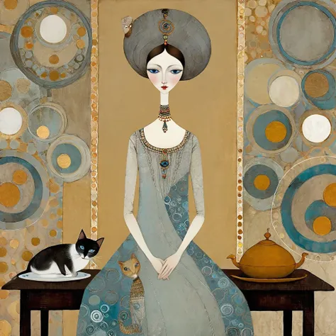 In the style of Klimt, Sam Toft, Florine Stettheimer, Dina Wakley, Catrin Welz-Stein, Gabriel Pacheco, Elisabeth Fredriks Stylized figure.Stylized figure. Female cat. slender, beautiful, gentle and delicate gaze, very long neck, gray-blue eyes, long eyelas...