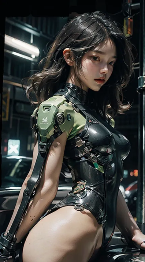 Highest image quality, outstanding details, ultra-high resolution, (realism: 1.4), the best illustration, favor details, highly condensed 1girl, with a delicate and beautiful face, dressed in a black and green mecha swimsuit , wearing a mecha helmet, holdi...