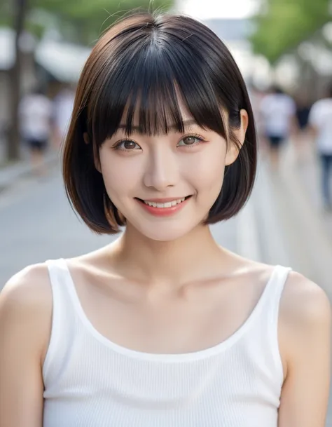 hyper-realistic portrait of a young Japanese idol girl in her early 20s, natural outdoor lighting, soft genuine smile, short straight black hair styled in a sharp, sleek bob with blunt bangs, smooth fair skin, wide-set eyes with double eyelids, minimal nat...