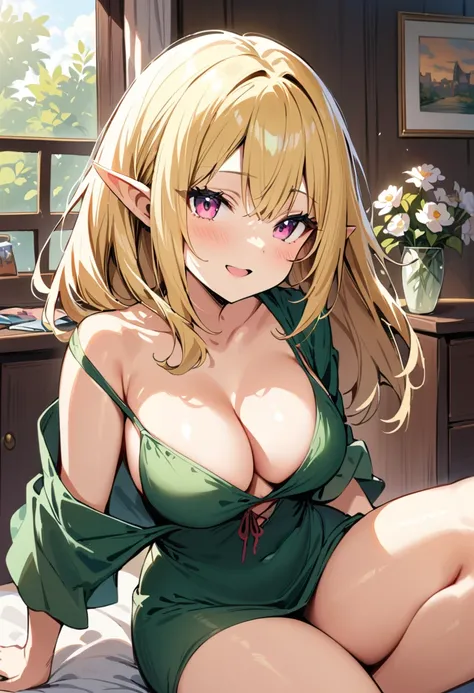 ((Best Quality)), ((masterpiece)), (detailed), 1 girl, yellow hair, by the wide, pointy ears, clear skin, pink eyes, medium breasts, wide thighs, short stature, dark green dress with flowers, elf dress, happy expression, short stature, at home