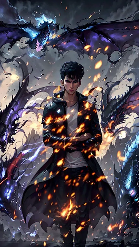 A man standing in front of the Army of Shadows, best qualityer, Masterpiece artwork, demonic army and dragon, Black jacke, white  shirt, ((best qualityer)), ((Masterpiece artwork)), (detailded), (detailed cloudscape:1.3), (high resolution:1.2) (Blue dragon...