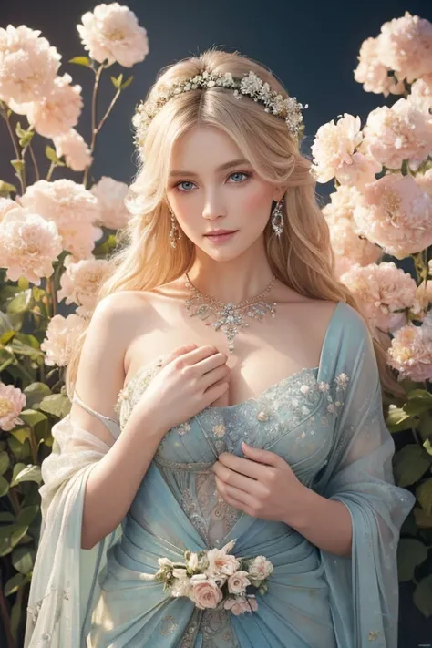 (Masterpiece,Ultra-high resolution, high resolution, 8k,  Octane, Intricate details)
The beautiful flower goddess is a mature beauty,A bold composition of flowers and people,Middle-aged Scandinavian woman,Her blonde hair ripples wildly in tandem with her a...