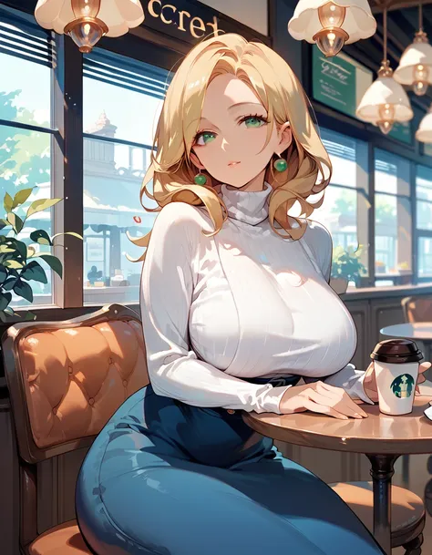 (score_9,score_8_up,score_7_up),1woman,solo,source_anime,mature,big sister,middle age,blonde hair,green eyes,wide hips, large br...