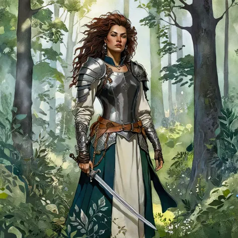 A wild and fierce Bretonian bandit woman, standing confidently amidst a mystical forest, her wild hair flowing in the breeze, adorned with nature-inspired tattoos. She wears an eclectic mix of armor pieces that blend medieval aesthetics with tribal element...