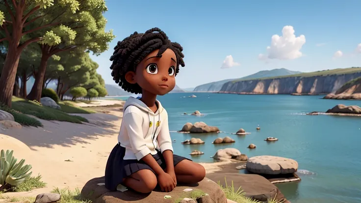 A black child and a white , colorful clothes, sitting on the coast. 