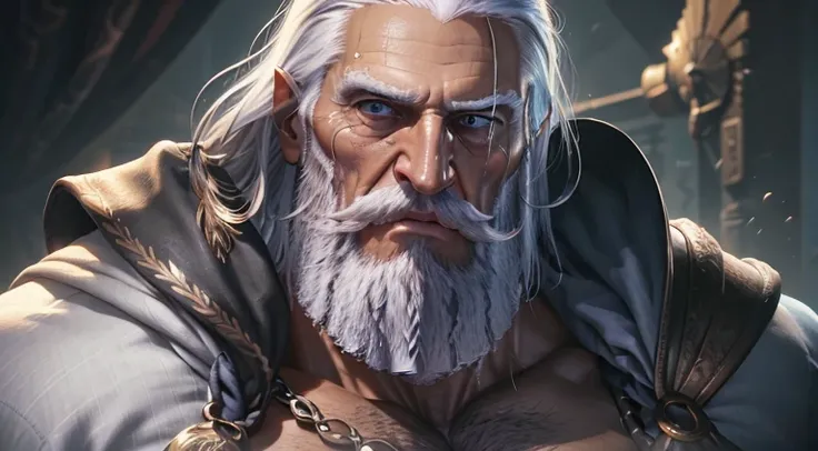 Old man, 80 years old daddy, JP, Giant growing huge muscular man large, huge breasted, enormous chest, grey hair and beard, long hair, torn t-shirt, imposing, expressive face, vivid blue eyes, expressive eyes, defined eyes, well-defined chin, very well def...