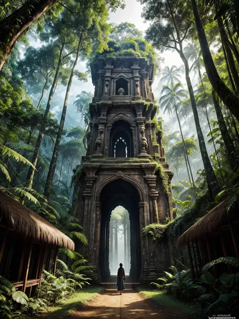 "Design a captivating film posterfor an adventure and exploration novel. The cover should evoke a sense of mystery and adventure. 

Background: A dense Amazon jungle with towering trees and vibrant greenery.
Foreground: An ancient, partially overgrown ston...