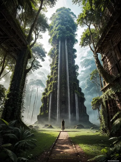 "Design a captivating film posterfor an adventure and exploration novel. The cover should evoke a sense of mystery and adventure. 

Background: A dense Amazon jungle with towering trees and vibrant greenery.
Foreground: An ancient, partially overgrown ston...