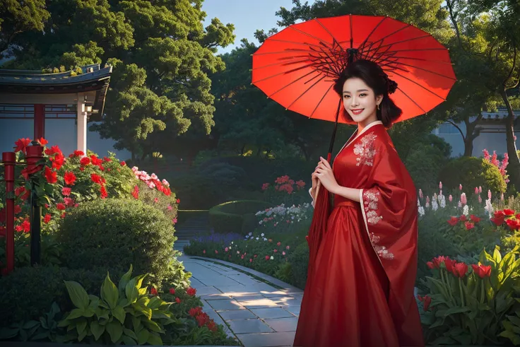 Highest quality　masterpiece　A beautiful, smiling woman holding a red umbrella　Without any sex appeal　A beautiful garden in the background　Dramatic Production　Photo style