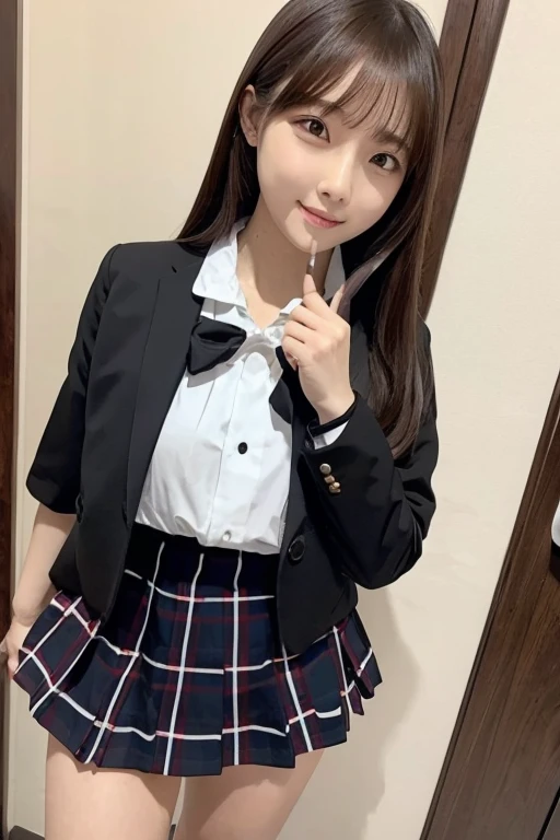 Gravure idol pose　Hotel　bed　uniform　White clothes　high resolution　Not too small bust　Black Mini Skirt　Shorten your skirt. Height 153cm